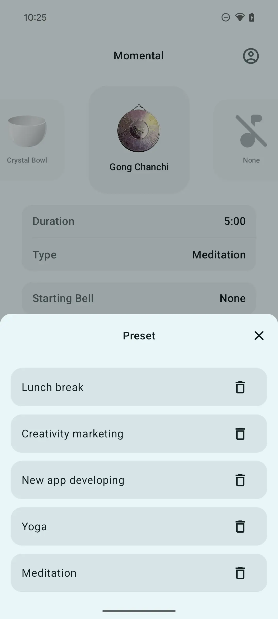 Momental app interface demonstrating quick session start with timer presets and one-tap activation