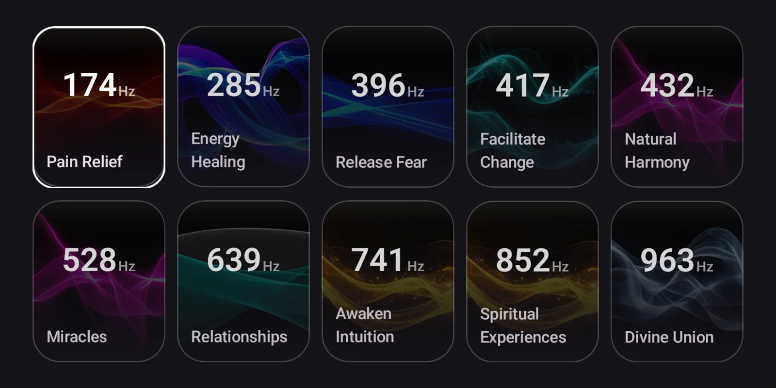 The Solfeggio frequency tiles in Momental's Brainwaves screen, with 174 Hz highlighted