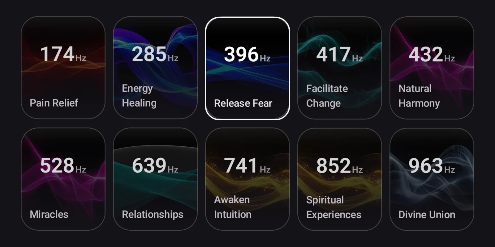 The Solfeggio frequency tiles in Momental's Brainwaves screen, with 396 Hz highlighted