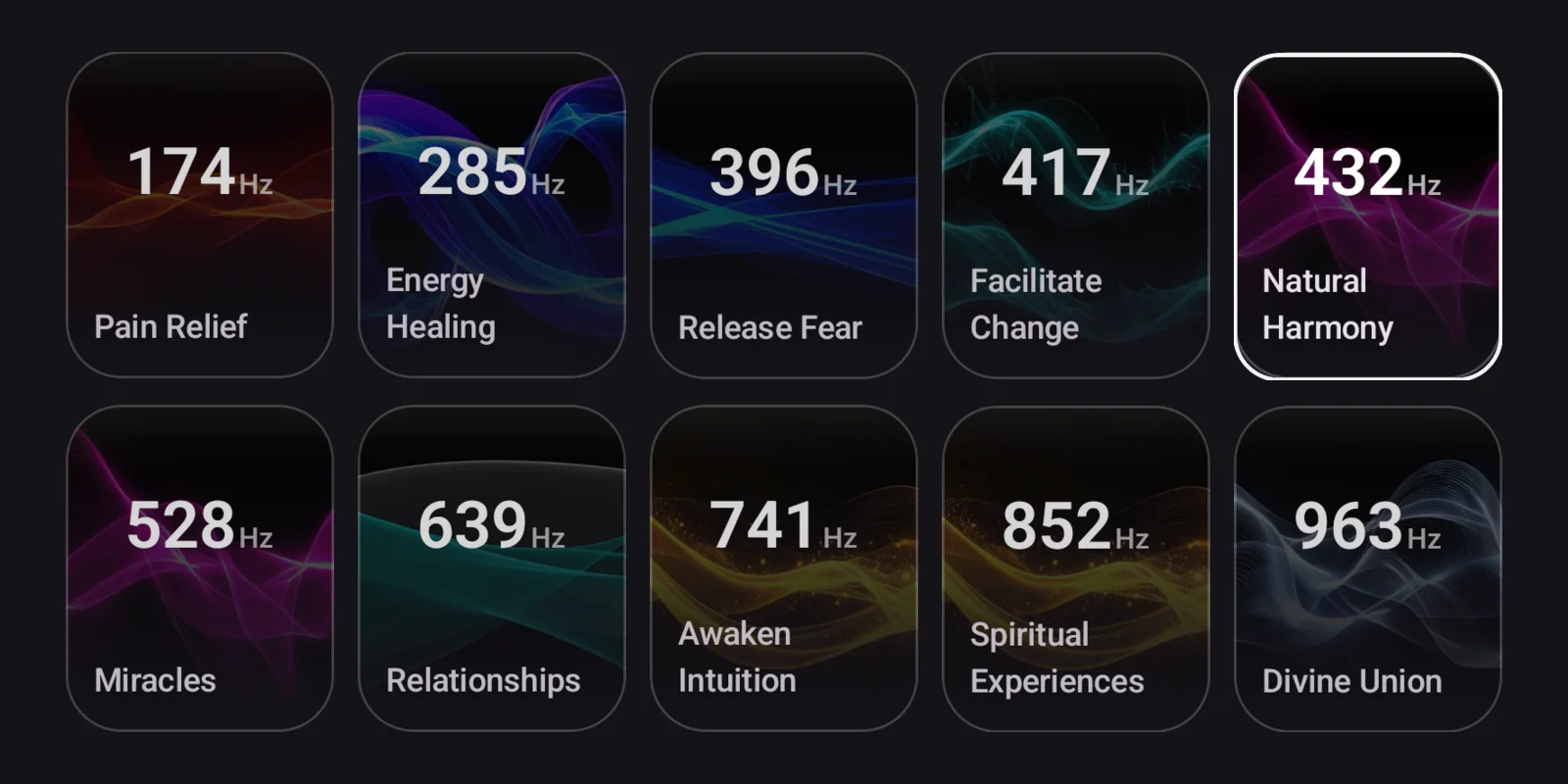 The Solfeggio frequency tiles in Momental's Brainwaves screen, with 432 Hz highlighted