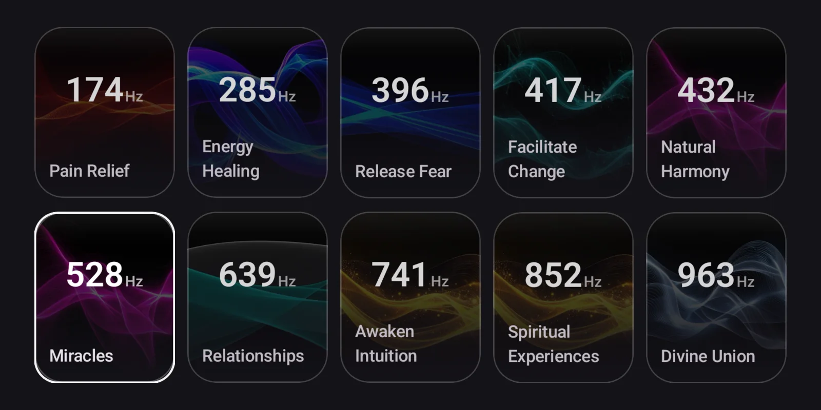The Solfeggio frequency tiles in Momental's Brainwaves screen, with 528 Hz highlighted