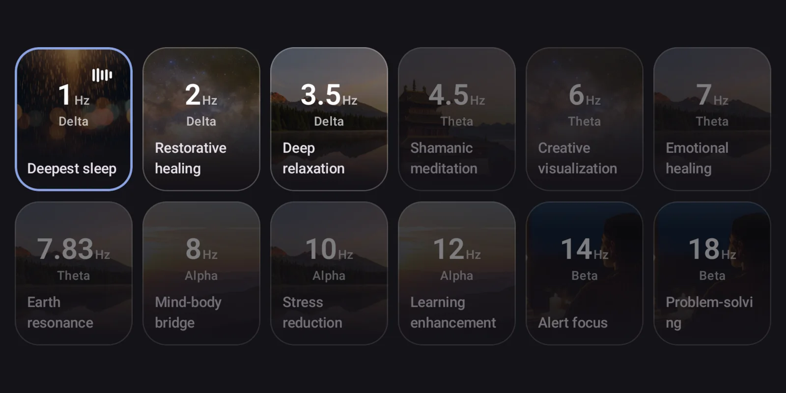 The Brainwaves screen in Momental, with the 1, 2 and 3.5 Hz delta presets highlighted