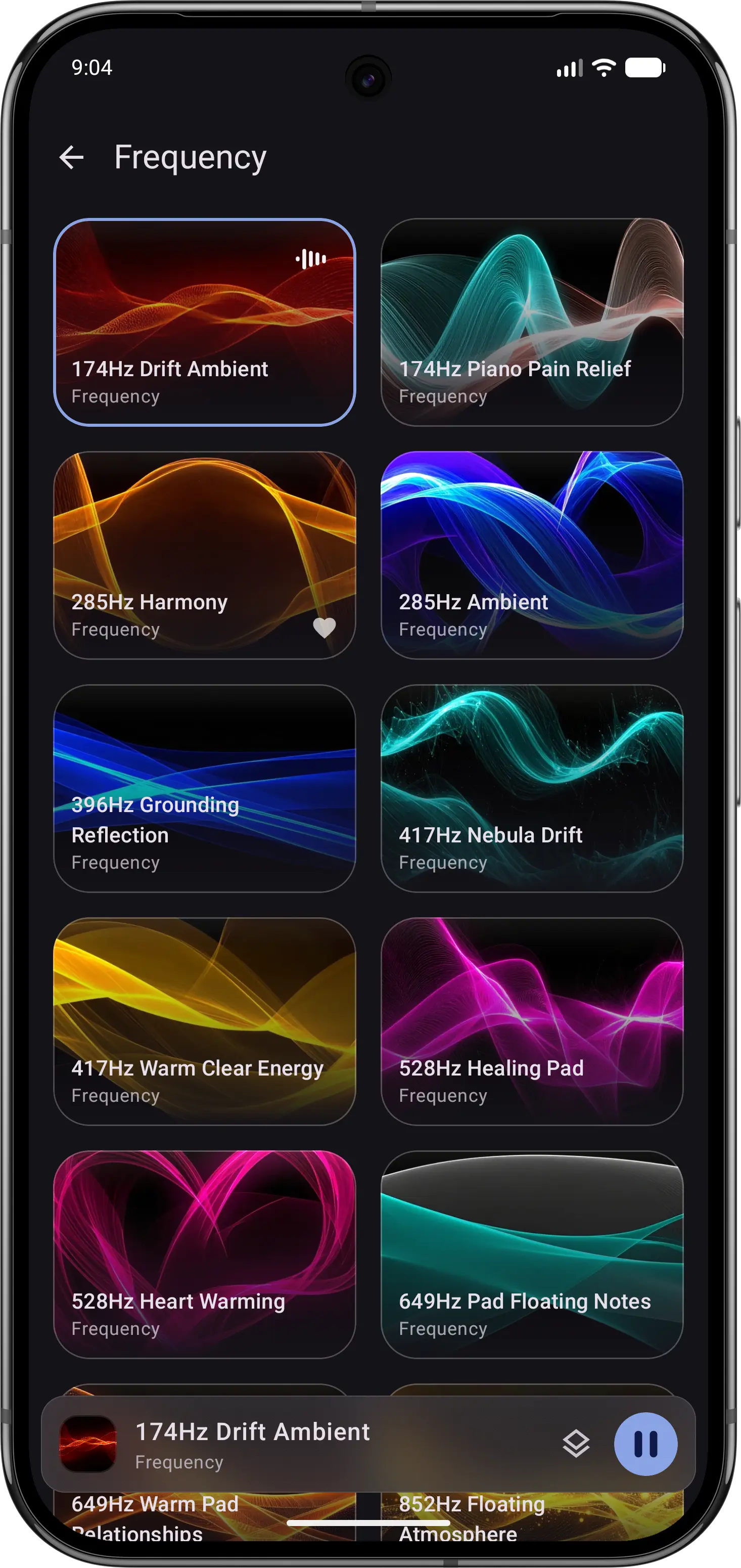 Calm playback screen with a solfeggio frequency and sleep timer